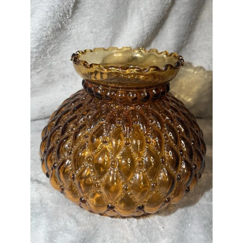 Vintage Quilted Diamond Amber Glass Student Lamp Shade 7